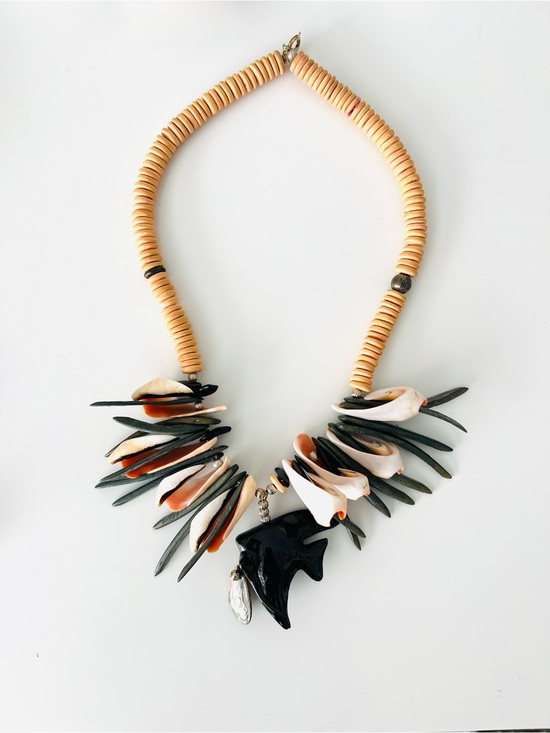 Jewelry - Handcrafted Beach Shell Statement Necklace in Cream, Black and Orange